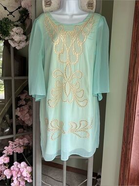 NWT Mint Green Lace Chiffon Mini Cocktail Dress Nude Lining Boho Chic Size L